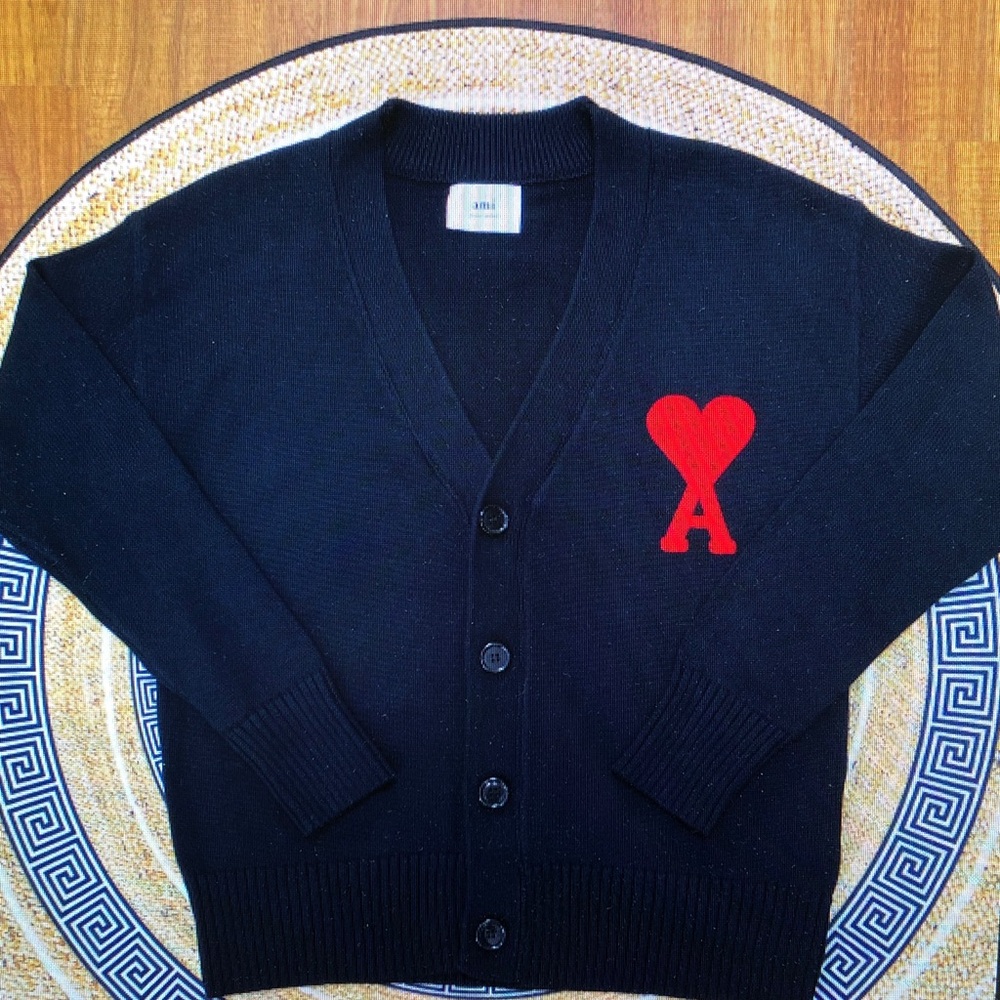 Ami Black Cardigan with Red Heart Accent